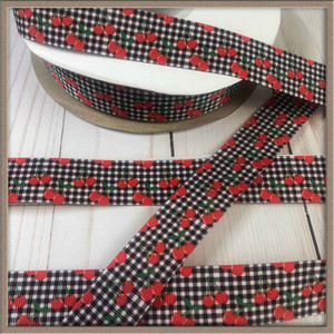 Cherries on Black Gingham 1" Grosgrain Ribbon By The Yard Picture 0 Cherries on Black Gingham 1" Grosgrain Ribbon By The Yard Picture 0