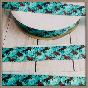 Horses on Teal Green 1" Grosgrain Ribbon By The Yard Picture 0
