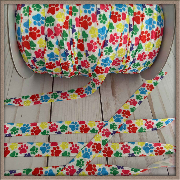 Colorful Paw Prints 5/8" FOE Ribbon Fold Over Elastic By The Yard Picture 1