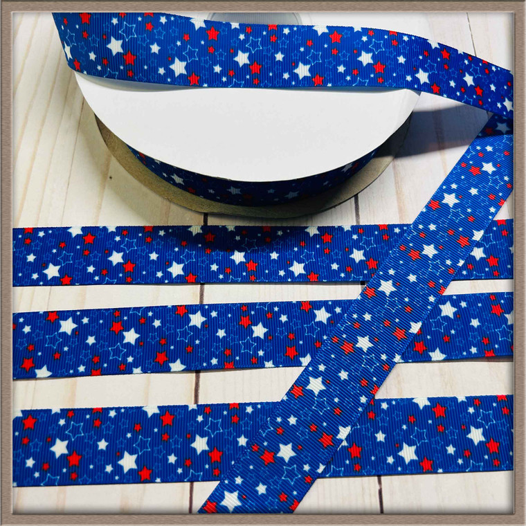 Blue Red White Patriotic Stars 1" Grosgrain Ribbon By The Yard Picture 1