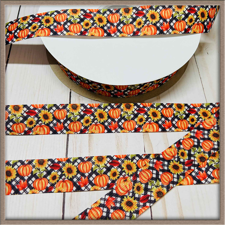 Pumpkins on Black Check 1" Grosgrain Ribbon By The Yard Picture 1