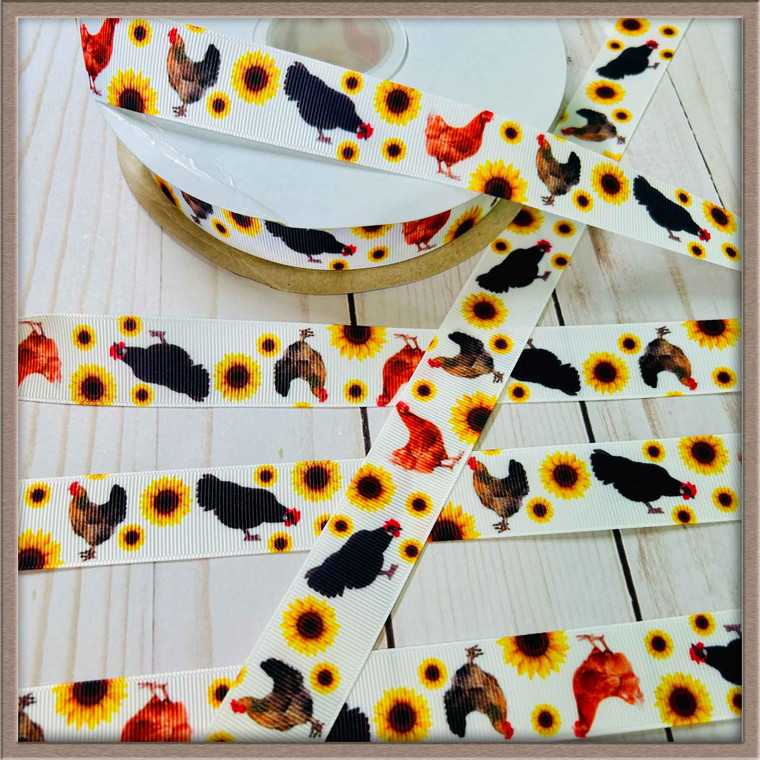 Chickens and Sunflowers 1" Grosgrain Ribbon Grosgrain Ribbon By The Yard Picture 1