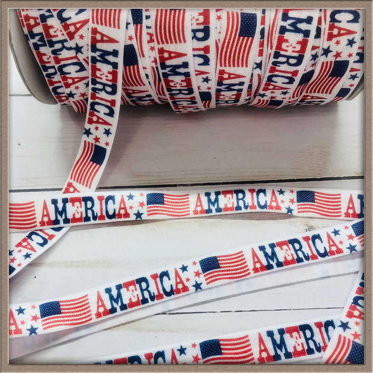 America with Flag 5/8" FOE Ribbon Fold Over Elastic By The Yard Picture 0