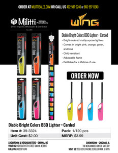 $3.99 Diablo Bright Colors BBQ Lighter - Carded (120 pieces per quantity ordered)