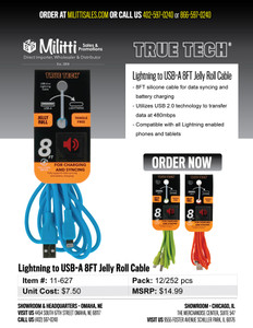 $14.99 Lightning to USB-A 8 FT Jelly Roll Cable