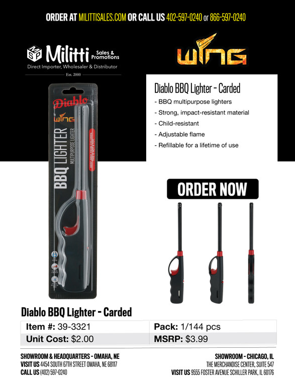 $3.99 Diablo BBQ Lighter - Carded (144 pieces per quantity ordered)