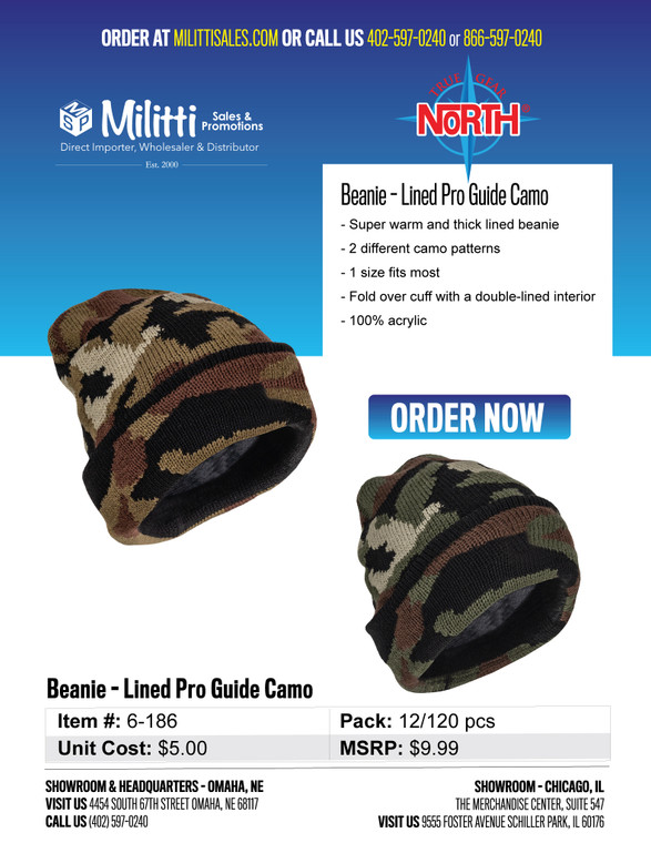 $9.99 Beanie - Lined Pro Guide Camo