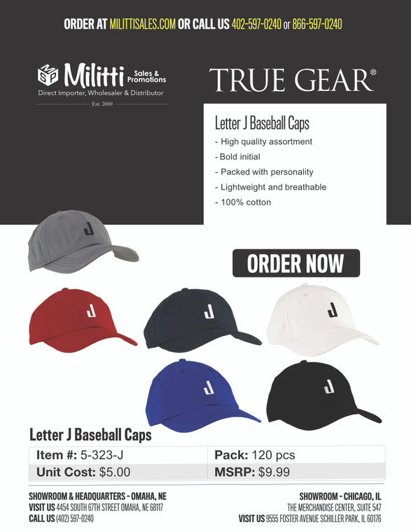 $9.99 Letter J Baseball Caps