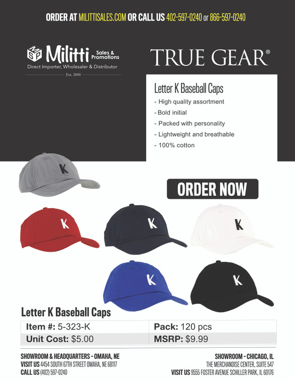 $9.99 Letter K Baseball Caps