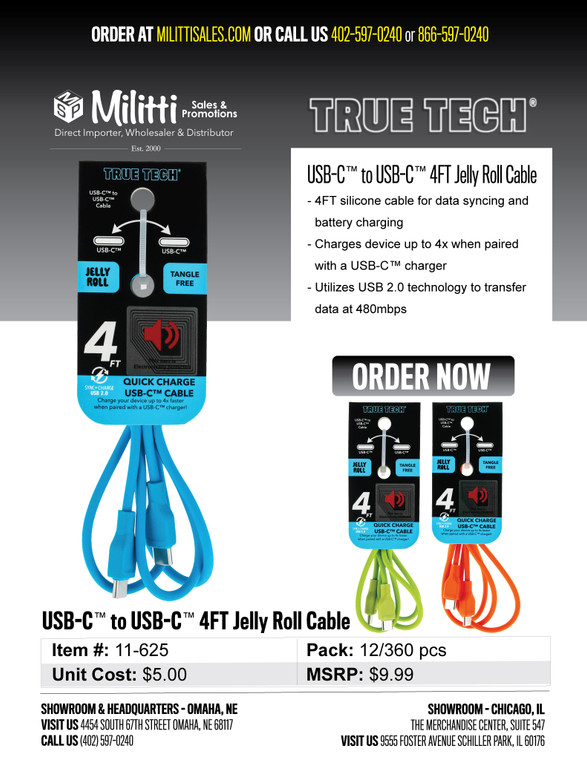 $9.99 USB-C to USB-C 4FT Jelly Roll Cable