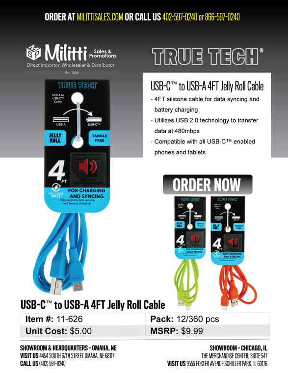 $9.99 USB-C to USB-A 4FT Jelly Roll Cable