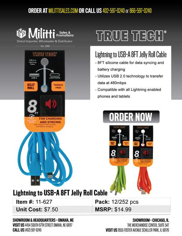 $14.99 Lightning to USB-A 8 FT Jelly Roll Cable
