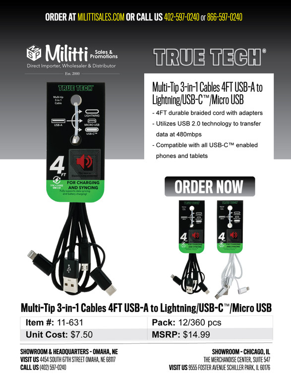 $14.99 Multi-Tip 3-in-1 Cables 4FT USB-A to Lightning/USB-C/Micro USB