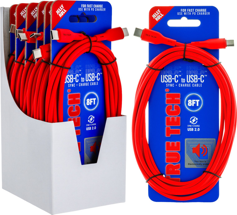 $14.99 USB-C to USB-C 8FT Red Jelly Roll Cable - Red