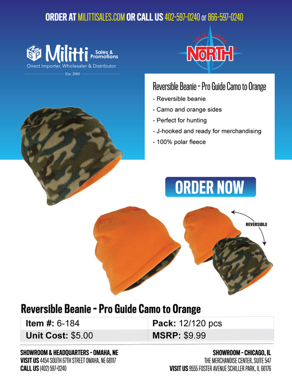 $9.99 Reversible Beanie - Pro Guide Camo to Orange