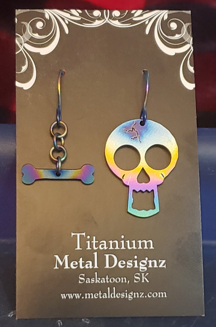 Rainbow Titanium Angry Skull Earrings - Ready to wear!