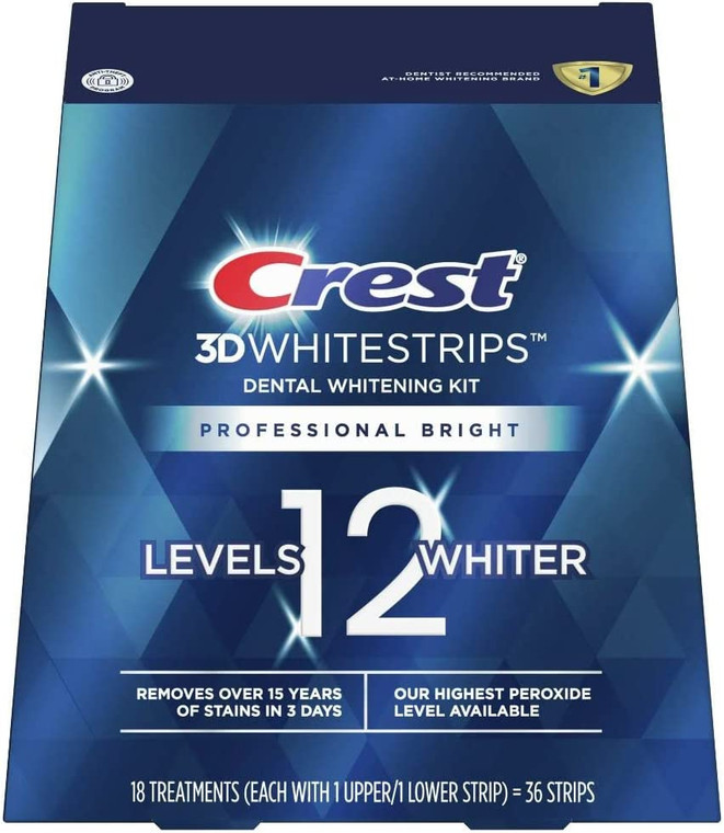 Crest 3D Whitestrips Professional Bright, Level 12 Teeth Whitening Kit Enamel Safe - 18 Treatments