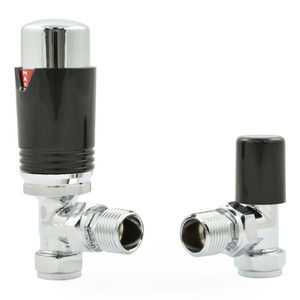 M-TRV-074-AG-CB - Exeter Modern TRV Angled Chrome & Black Thermostatic Radiator Valves With Sleeves