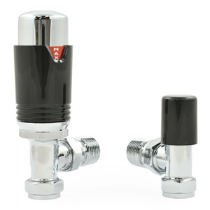 M-TRV-074-AG-CB-ALT00 - Exeter Modern TRV Angled Chrome & Black Thermostatic Radiator Valves With Sleeves