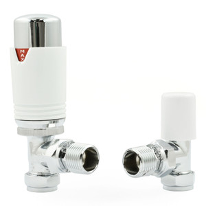 M-TRV-074-AG-CW - Exeter Modern TRV Angled Chrome & White Thermostatic Radiator Valves With Sleeves