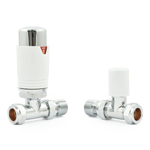 M-TRV-075-ST-CW-ALT00 - Exeter Modern TRV Chrome & White Towel Radiator Valves With Sleeves