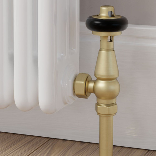 T-TRV-019-AG-BB-CU00 - Flatford Traditional TRV Angled Brushed Brass Thermostatic Radiator Valves With Sleeves