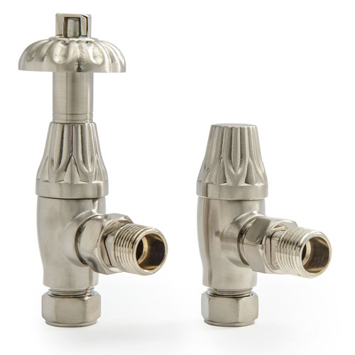 T-TRV-036-AG-BN - Kendal Traditional TRV Angled Brushed Nickel Thermostatic Radiator Valves With Sleeves