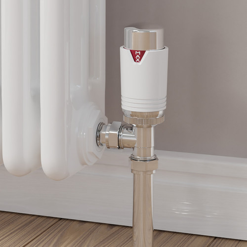 M-TRV-074-AG-CW-CU00 - Exeter Modern TRV Angled Chrome & White Thermostatic Radiator Valve With Sleeves