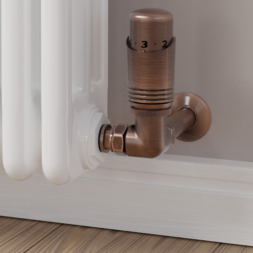 M-TRV-052-CR-AC-CU00 - Duran Modern TRV Corner Antique Copper Thermostatic Radiator Valves with Sleeves