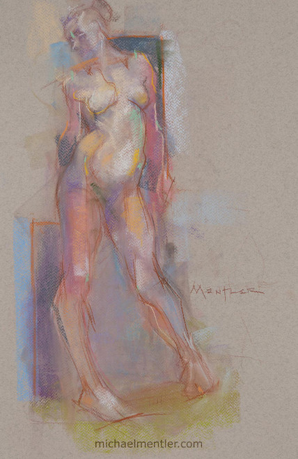 Pastel drawing of female figure in pinks and blues on light gray toned paper.