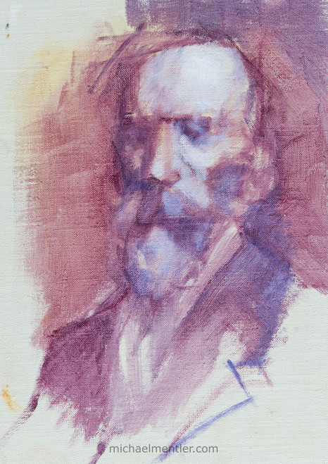 Portrait of an elderly bald male with beard and mustache looking to the left. Painted with oils on linen panel. The painting is rather rough, artist used purples and browns for the shadows, and white with a hint of yellow for highlights.