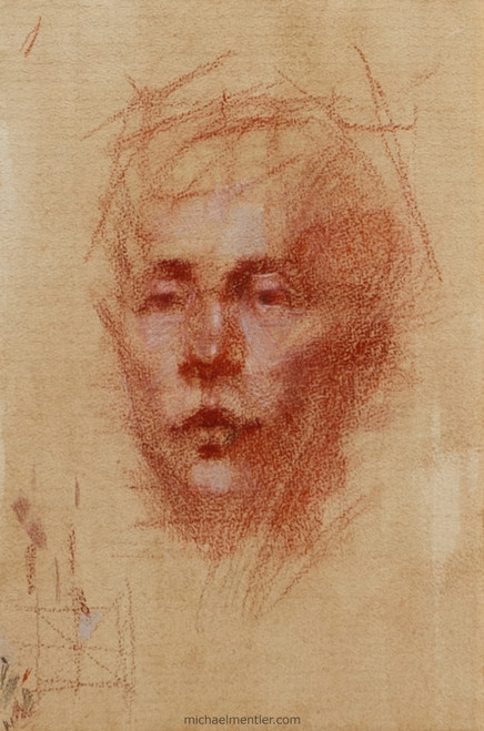 Sanguine portrait of possibly male person on yellow toned paper. The head is lightly indicated, and the facial features such as eyes, nose, mouth, and cheek bones are highlighted the most.