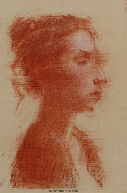 Drawing of profile view of a woman looking to the right. Drawn with sanguine on toned paper.