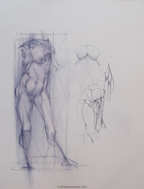 Drawing of a standing female figure. She's facing the viewer, but her torso is twisted to the left. The drawing is monochrome blue on light gray toned paper.