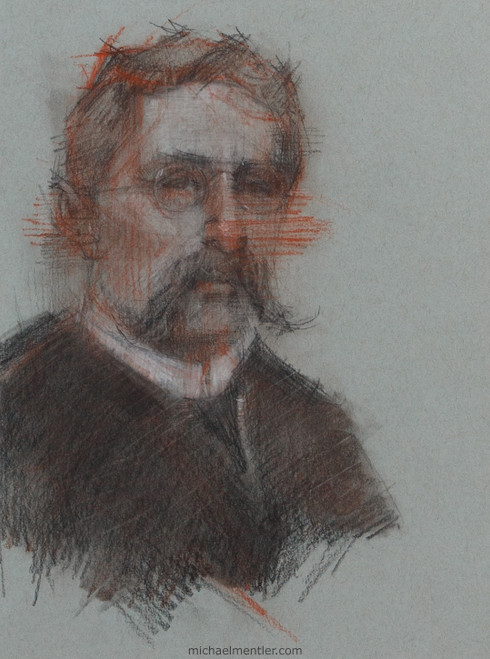 Portrait of a male person with long mustache looking slightly to the right. He's wearing round spectacles.