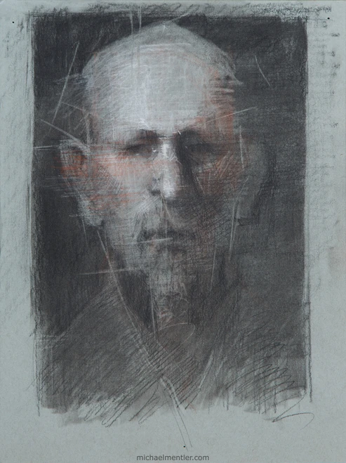 Portrait of a bald man with mustache and goatee looking straight at the viewer. Drawn with charcoal and sanguine accents on paper.