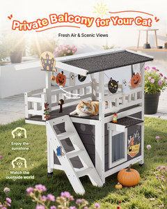 Outdoor Cat House, 2-Story Wooden Cat Shelter with Stairs & Balcony, Elevated Feral Kitty Shelter,  E415-MZMBHSXFSLTK2Z5SS001V0
