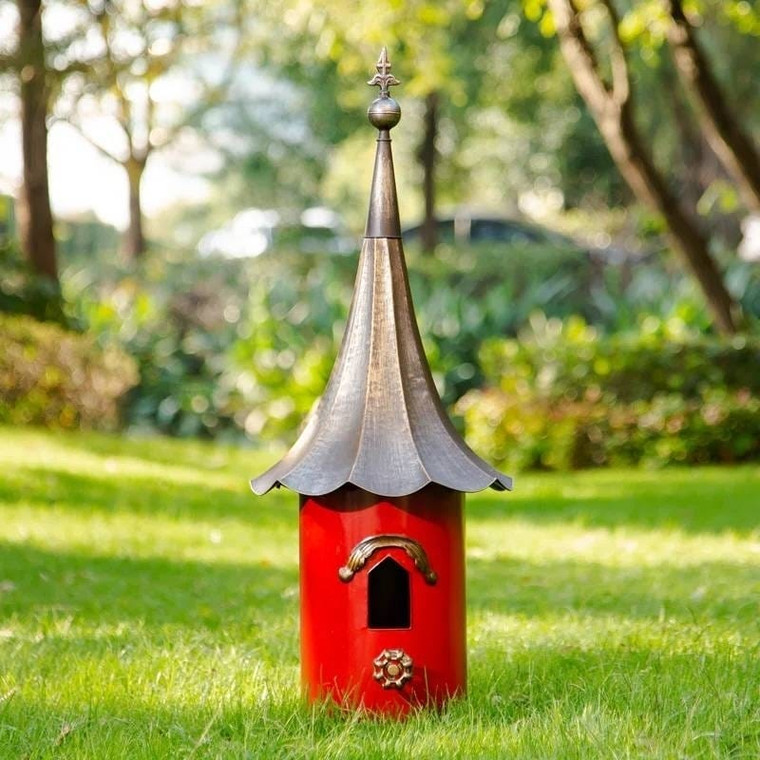 Outdoor Red Metal Bird House with Vintage Bronze Phonograph Style Roof Q280-RBPOGH69158732
