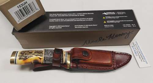 Uncle Henry 153UH Golden Spike Rat Tail Tang Fixed Blade Knife, 5" Clip Point Blade, Staglon Handle, Leather Sheath w/Sharpener