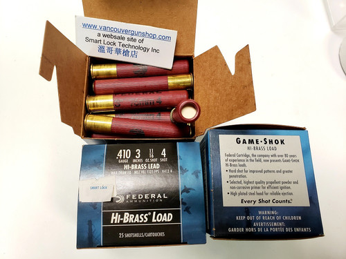 Federal H413-4 Game-Shok Upland - Hi-Brass Shotshell 410 GA, 3 in, No. 4, 11/16oz, Max Dr, 1135 fps, 25 Rnd per Box (Out of Stock)