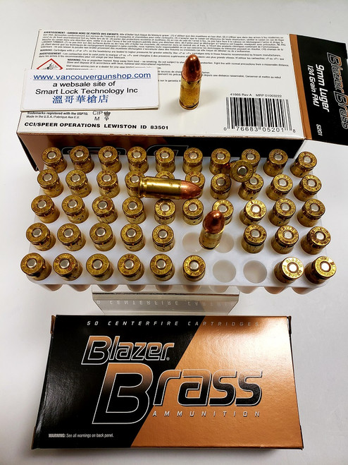CCI 5201 Blazer Brass Centerfire Pistol Ammo 9MM, FMJ-RN, 124 Gr, 1090 fps, 50 Rnd per Box