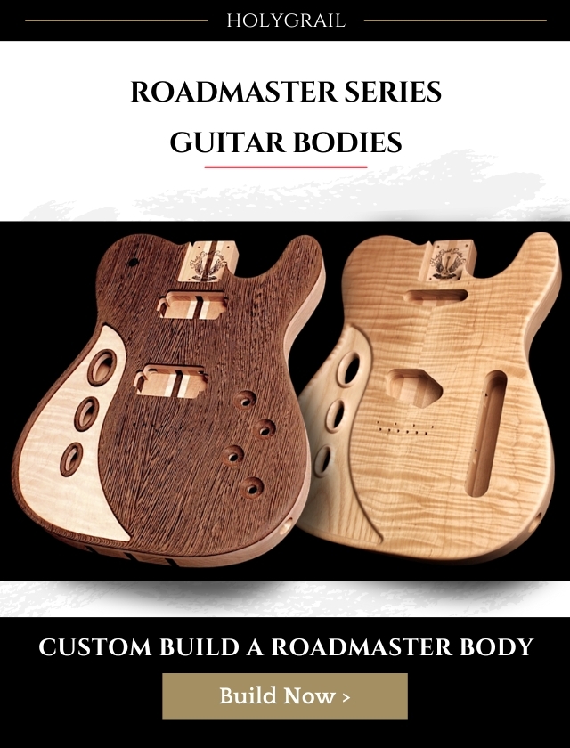 Unfinished HolyGrail Roadmaster Series Tele guitar bodies, showcasing detailed craftsmanship with figured and exotic top grade woods.