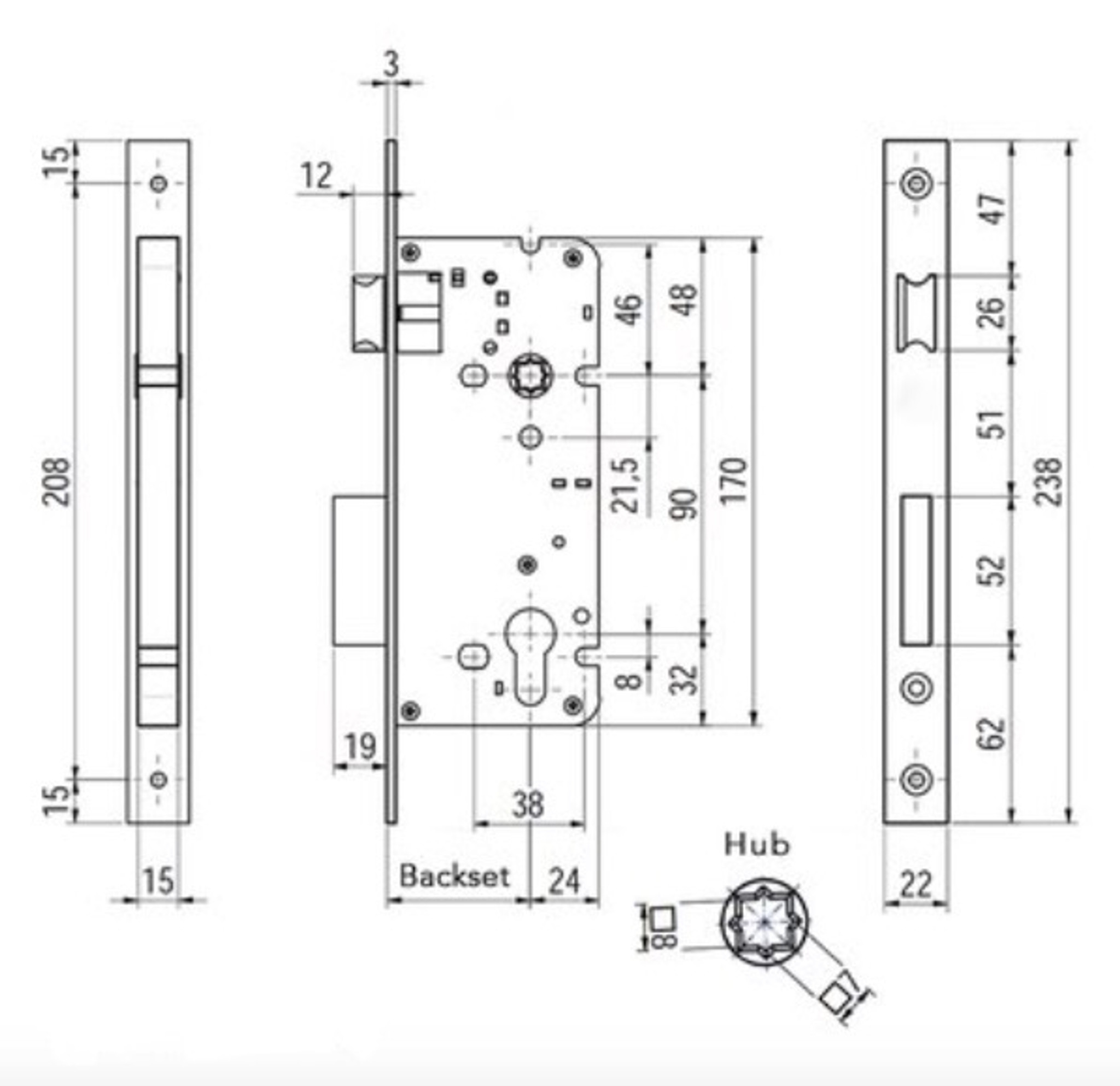 Mortice Door Lock with European Cylinder Hole - No. H22.1090.00