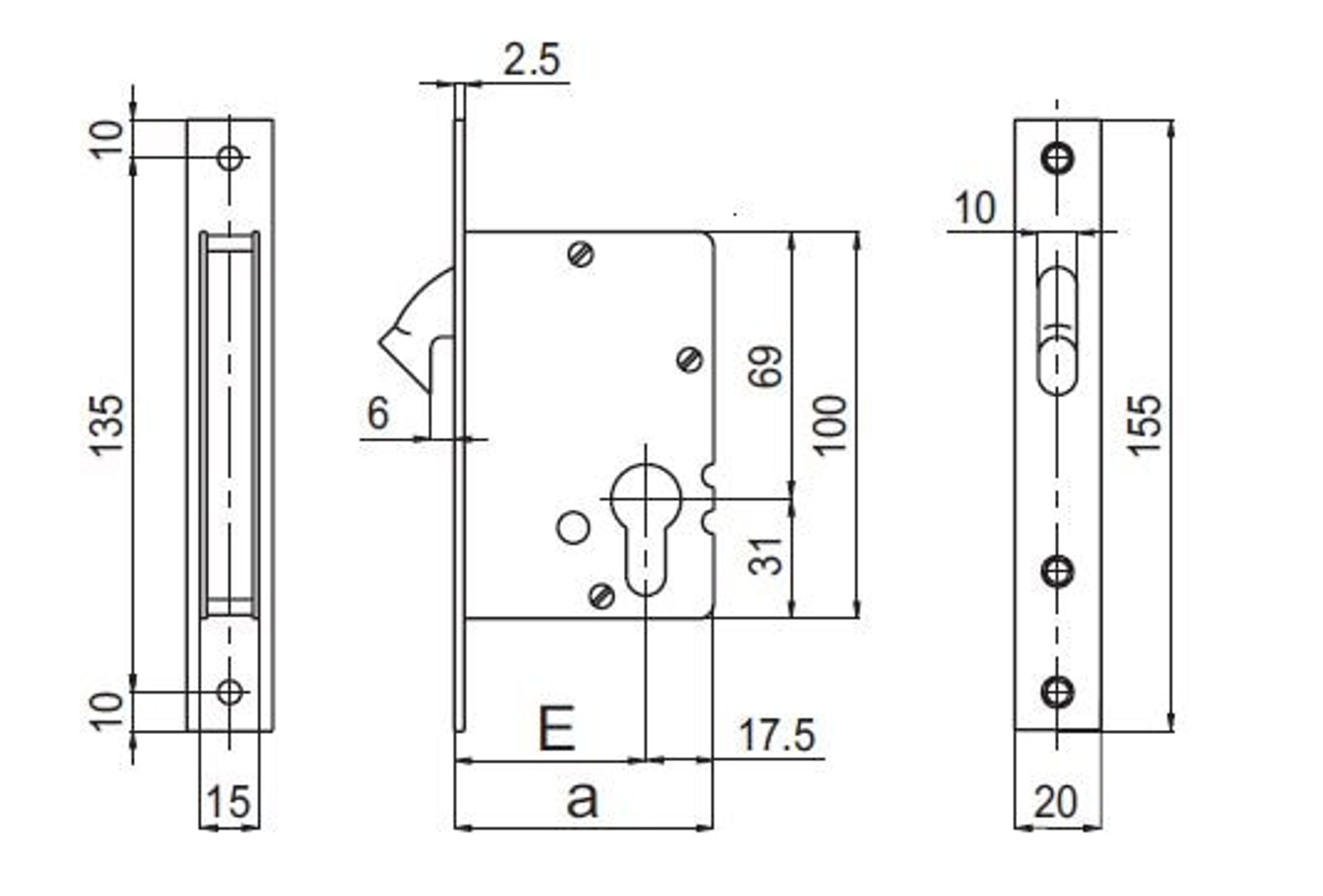 Mortice Door Lock with European Cylinder Hole - No. SB2302
