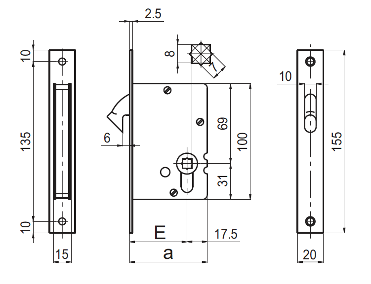 Mortice Door Lock with European Cylinder Hole - No. H32.1085.007