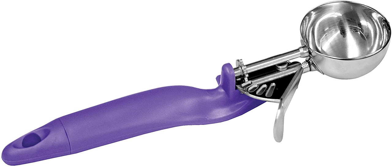 Comfy Grip 0.86 Ounce Gelato Scoop, 1 Ambidextrous Ice Cream Scoop - Built-in Blade, Bright Handle, Purple Stainless Steel Cookie Dough Scoop, Comfort