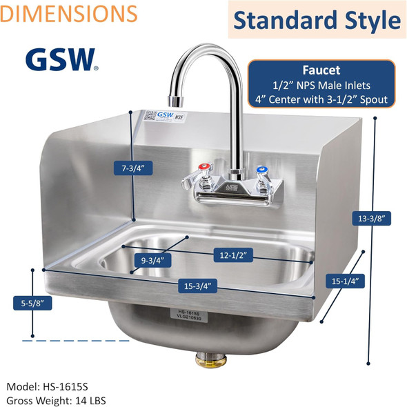 16" x 15" Wall Mounted Hand Sink w/ Lead-Free Faucet & Side Splash