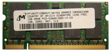 MT16HTF12864HY-667D3 - Micron 1GB DDR2-667MHz PC2-5300 non-ECC Unbuffered CL5 200-Pin SoDimm Single Rank Memory Module