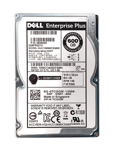 0TCGGM - Dell 600GB SAS 6Gb/s 10000RPM 64MB Cache 2.5 inch Hard Disk Drive