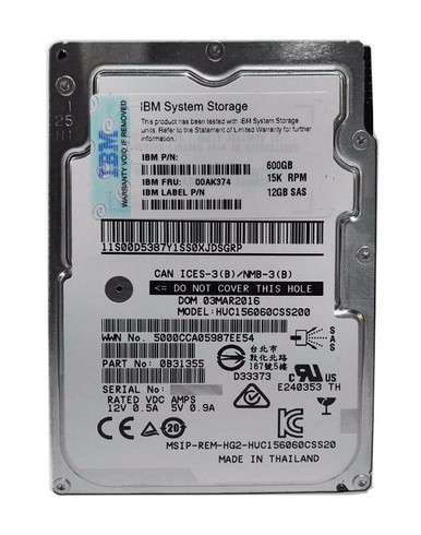 00AK374 - IBM / Lenovo 600GB SAS 6Gb/s 15000RPM 2.5 inch Hard Disk Drive